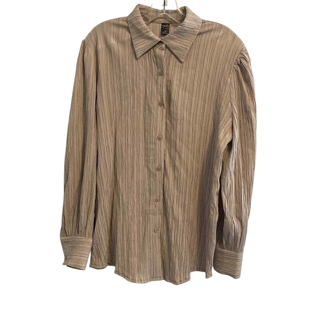DAZY Women Taupe Crinkle Textured Button Down Shirt Long Sleeve Blouse Small